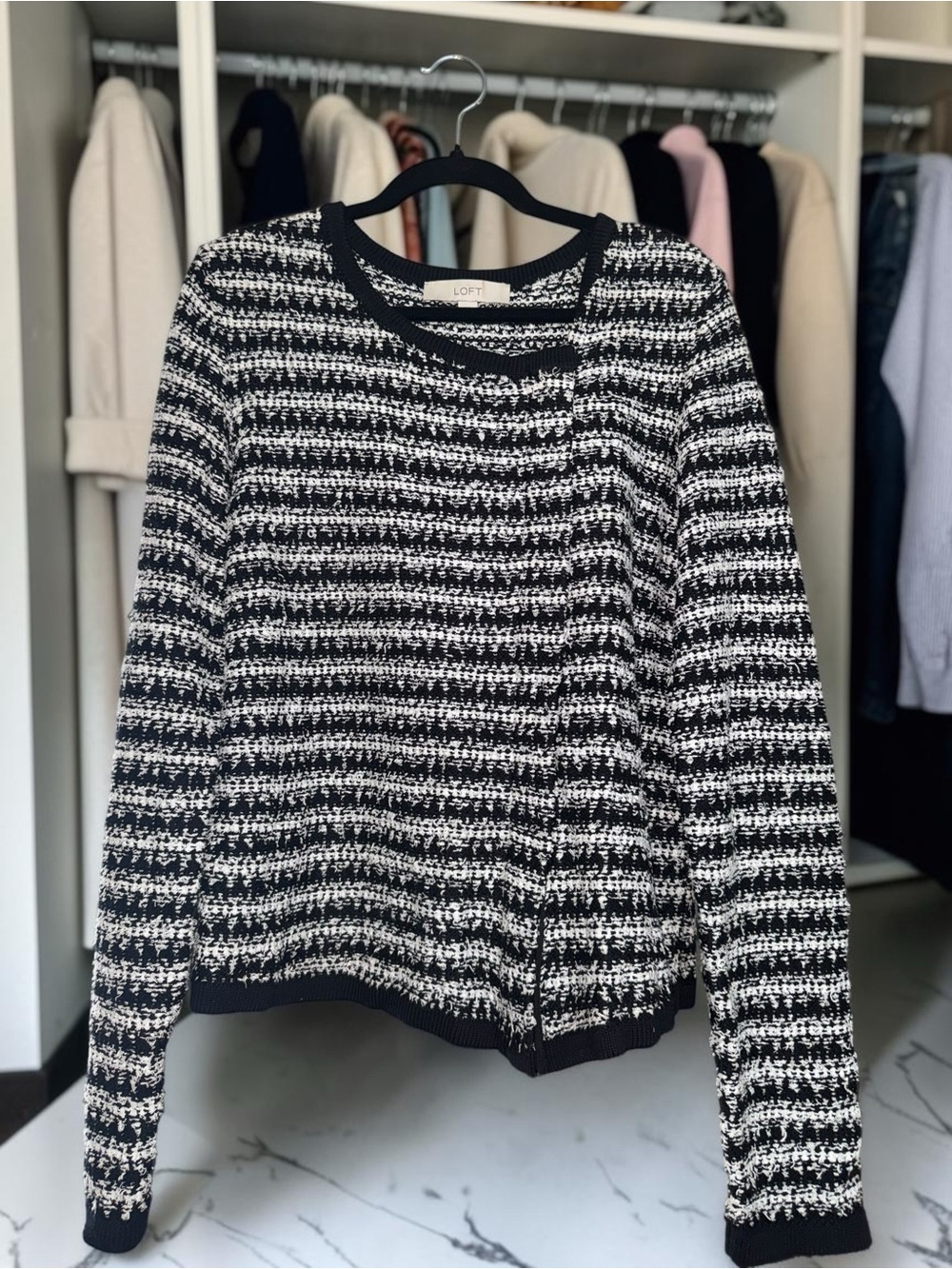 LOFT Black & White Striped Textured Crew Neck Sweater